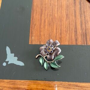 Vintage Floral Brooch with Green Leaves